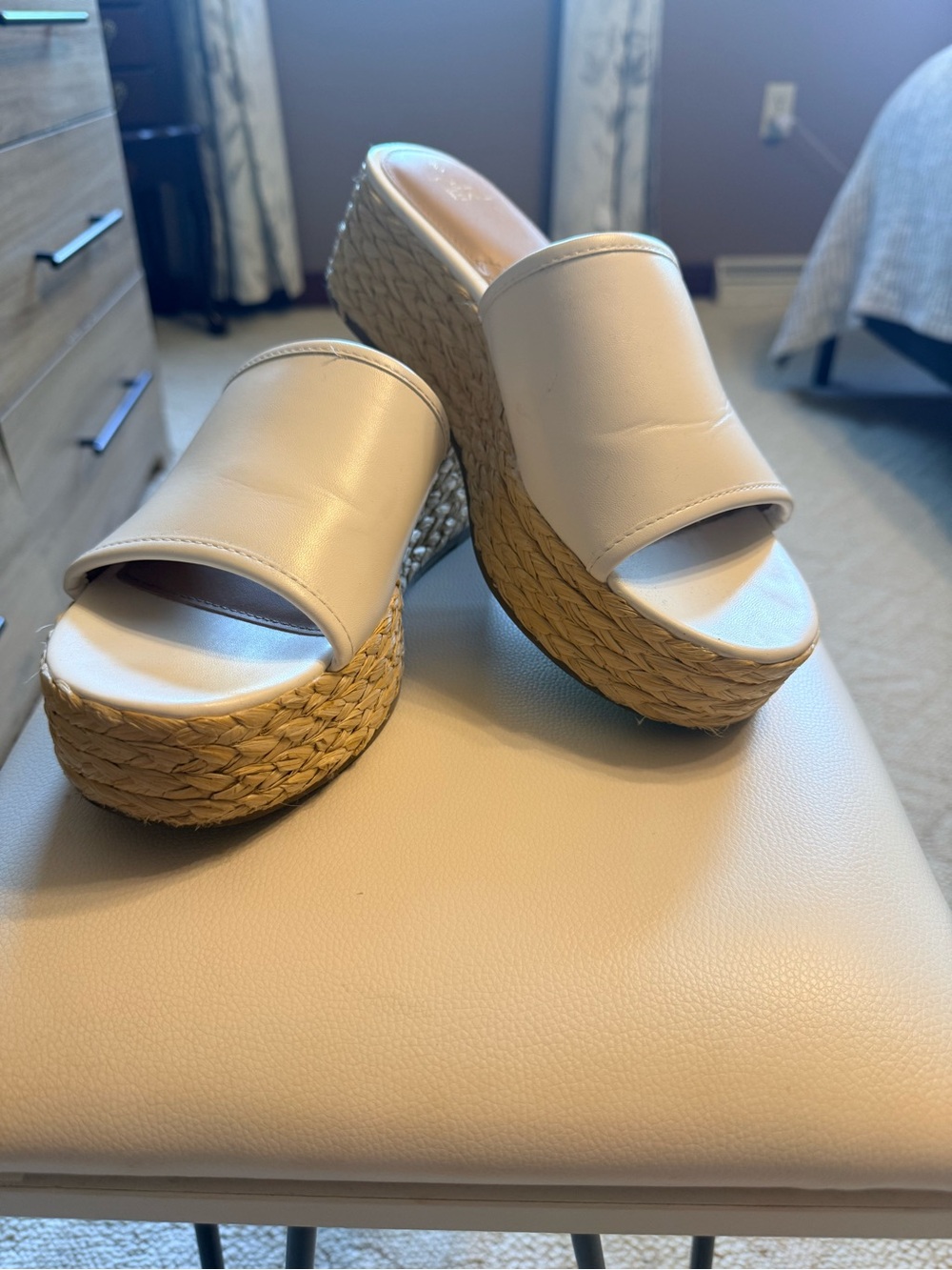 Womens Cream Platform Slide Sandals with Woven Espadrille Sole- Size 9